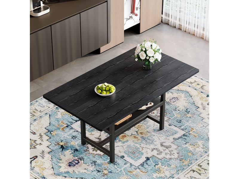  Table de salle à manger rectangulaire noire rayofi, 160x90x76 cm, 4-6 personnes, plateau mdf imitation bois noir, pieds métal avec étagère de rangement  - Conforama C