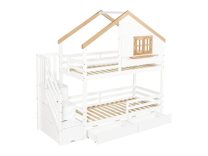  Lit superposé 90x200 avec escalier à tiroirs et rangement sous-lit  - Conforama D