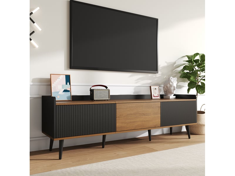  Meuble télévision 160 x 39 x 49,5 cm 3 portes rangement sécurisé pieds strié mdf et particules noir et naturel  - Conforama W