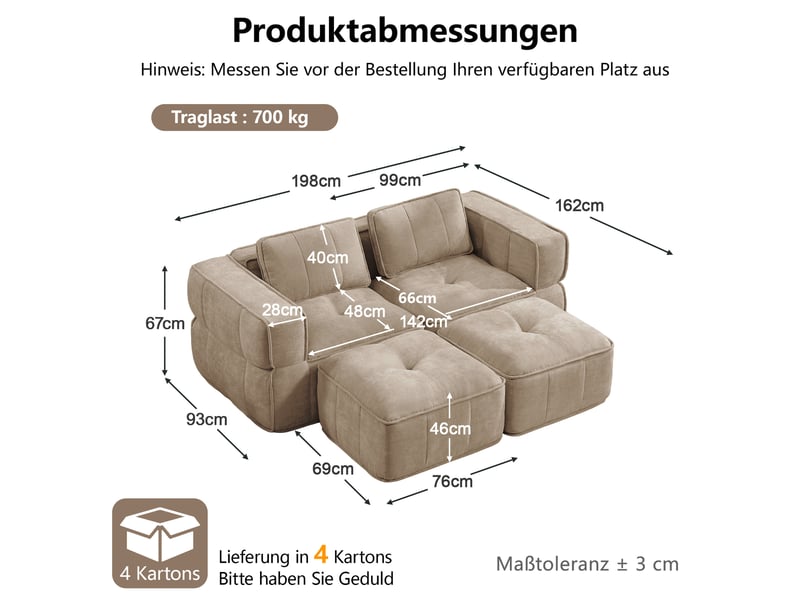 Canapé modulable compressé 2 places avec 2 poufs, en polyester sable  - Conforama C