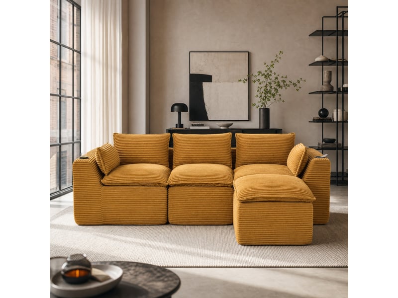 Canapé modulaire 3 places avec pouf en velours côtelé orange  - Conforama C