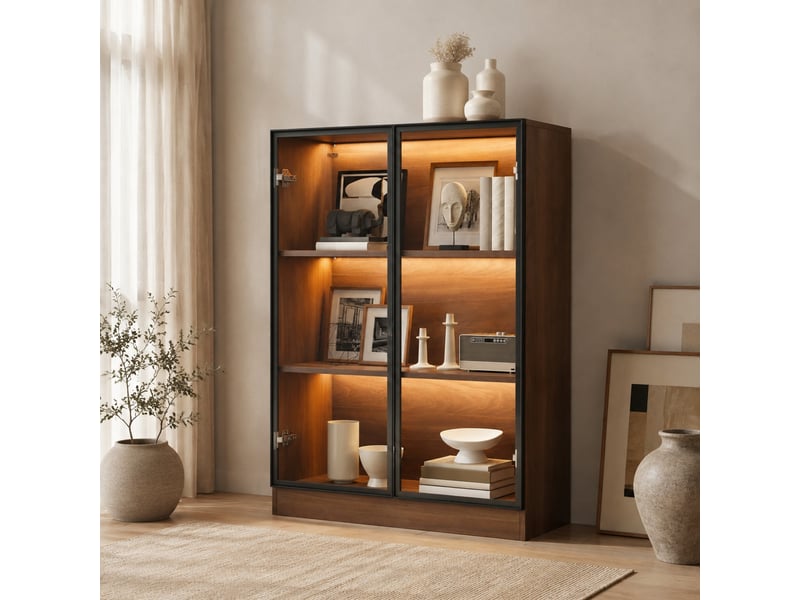 Vitrine led avec 2 portes vitrées et 3 niveaux de rangement pour salon, en verre et panneaux de particules, noyer naturel - Conforama D