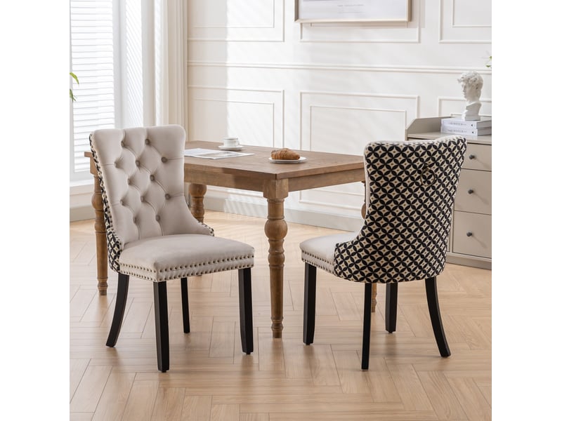  Lot de 2 chaises de salle à manger en velours beige et noir, pieds en bois  - Conforama A