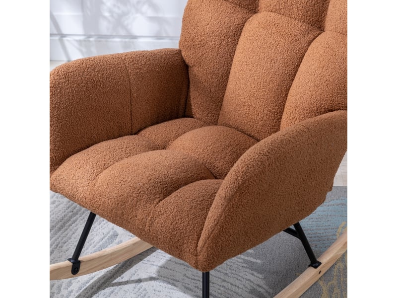  Fauteuil à bascule en tissu bouclette, chaise d'allaitement marron avec poche latérale, base en bois massif, 65x77x90 cm  - Conforama R