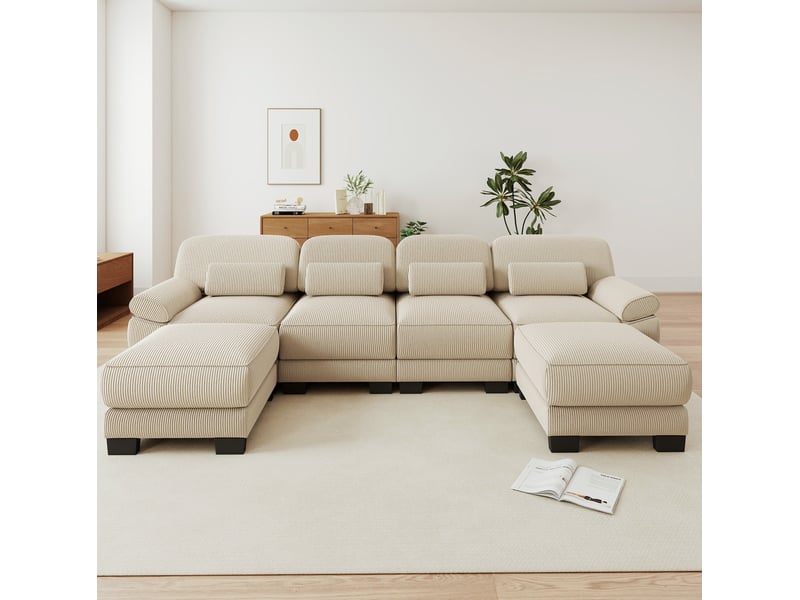  Canapé modulable tcqpz 4 places avec 2 poufs 336 x 161 x 94 cm velours côtelé beige  - Conforama E