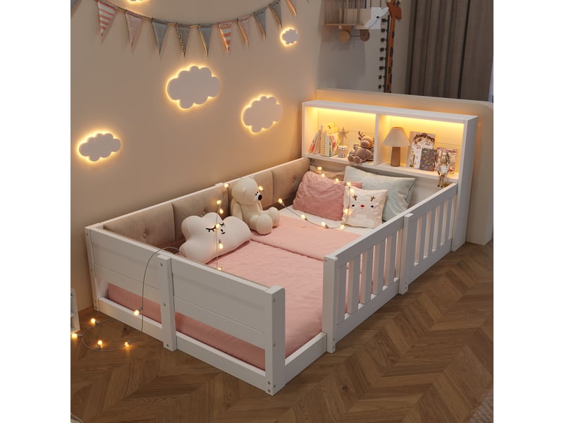 Lit enfant simple 90×200 cm avec barrières, led et étagères  - sans matelas, panneaux de particules blanc  - Conforama C