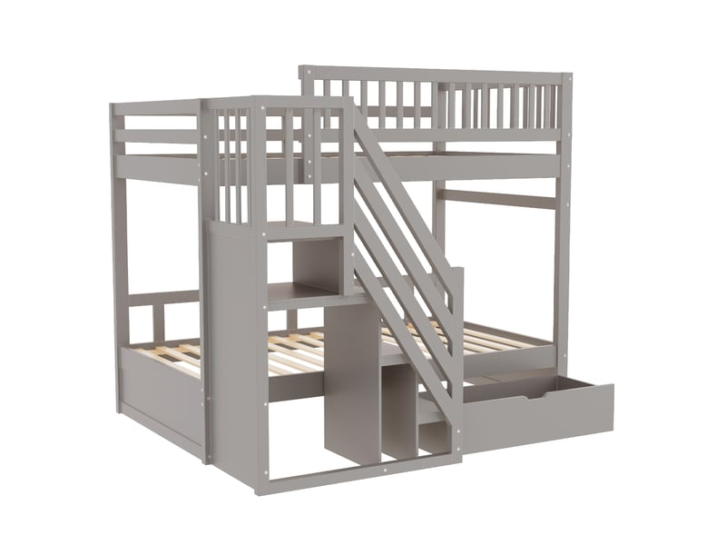 Lit superposé 90x200 cm, bois, échelle de rangement, tiroirs de rangement, gris, sans matelas - Conforama D