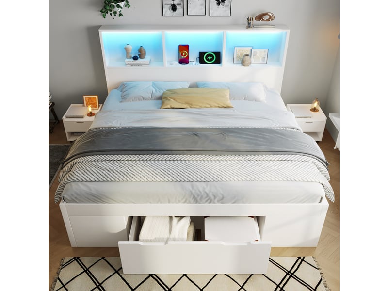  Lit double 140x190 cm avec éclairage led et port usb-c, blanc, lit coffre avec tiroirs et étagères et table de chevet amovible  - Conforama A