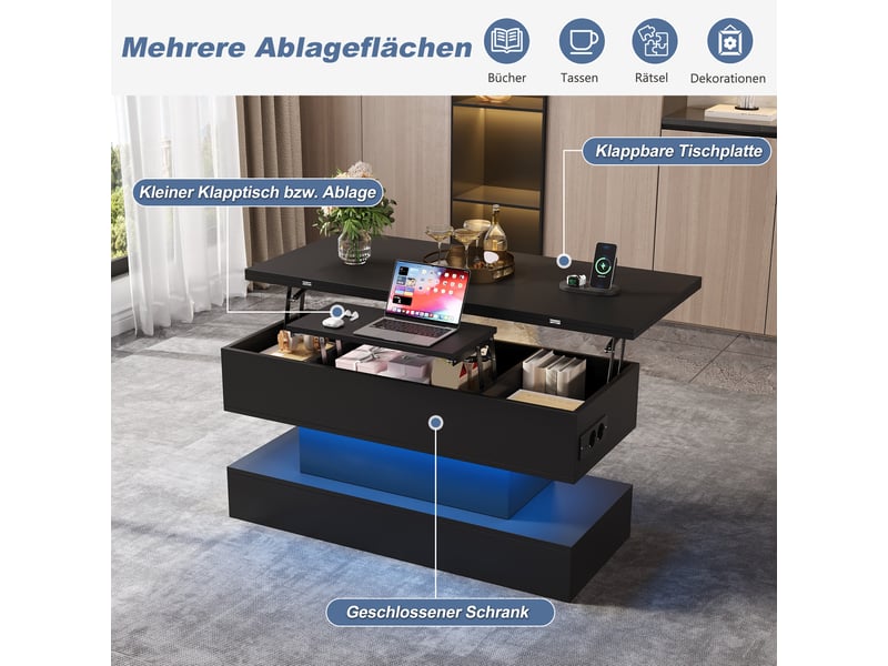  Table basse coloris noir 100 × 50 × 51,5 cm, en panneaux de particules, avec plateau relevable et éclairage led rgb  - Conforama E