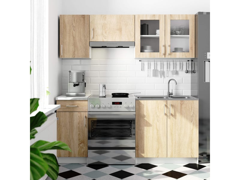 Ensemble de cuisine vitré akord lima 1.8m blanc 180 cm 7 portes 1 tiroir façade chêne sonoma 8 étagères 180x44,5x203 cm LIMA 1.8m - Conforama D