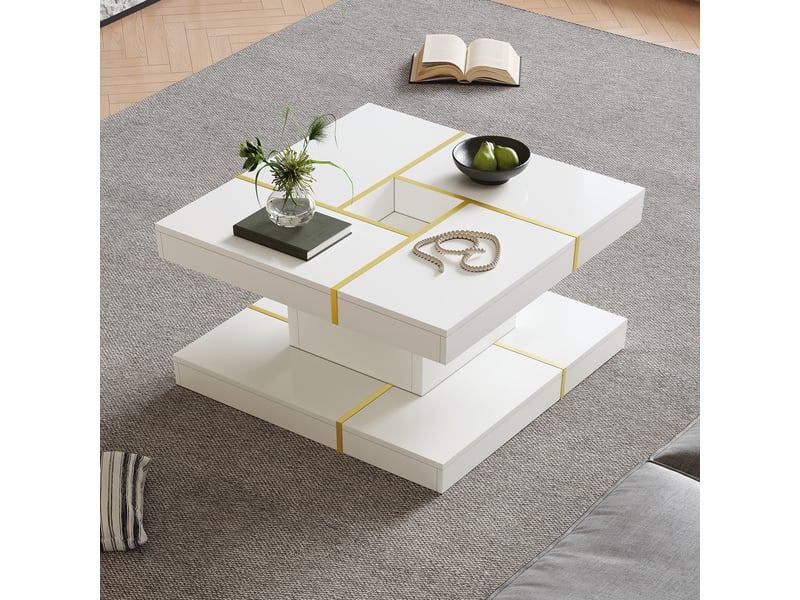 Table basse 80x80x38 cm à double plateau, rangement ouvert et niche centrale, panneaux de particules, blanc et doré ABC - Conforama B
