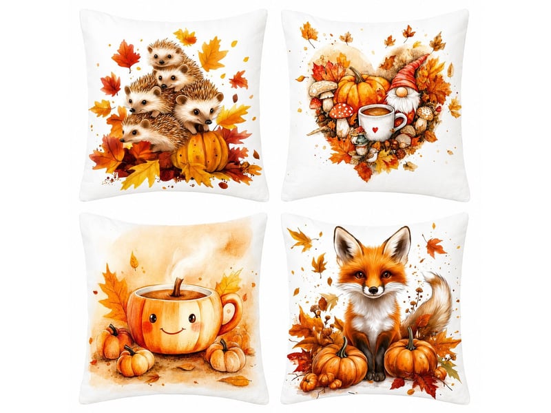  Lot de 4 housses de coussin 45x45cm, motif automnal – déco intérieure pour canapé et chambre (sans oreiller)-style 1  - Conforama A