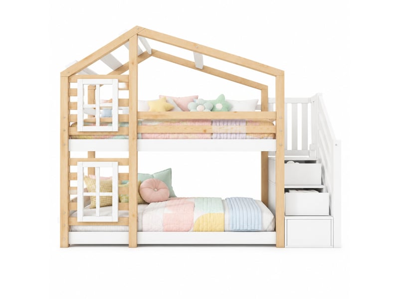  Lit superposé enfant cabane 90x200 cm avec rangement, bois et mdf naturel blanc  - Conforama A