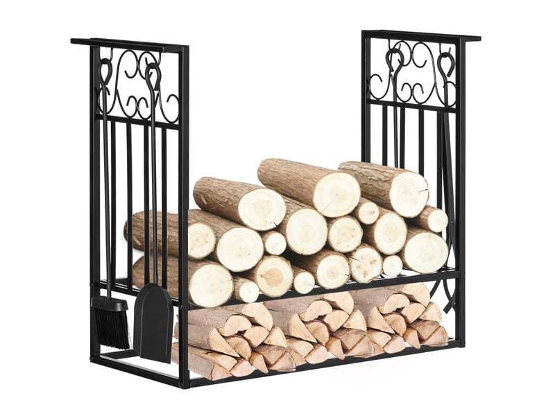  Support à bûches avec outils de cheminée 75 x 30 x 60 cm noir en acier, rangement intérieur extérieur  - Conforama A