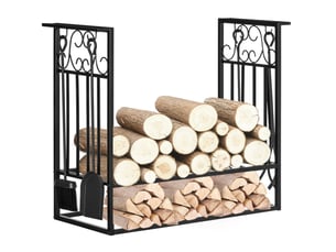 Support à bûches avec outils de cheminée 75 x 30 x 60 cm noir en acier, rangement intérieur extérieur