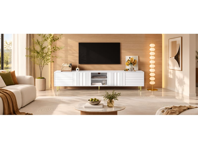  Meuble tv - 200 x 35 x 45 cm - blanc - banc tv moderne avec 4 portes structurées, niche ouverte et pieds en métal  - Conforama E