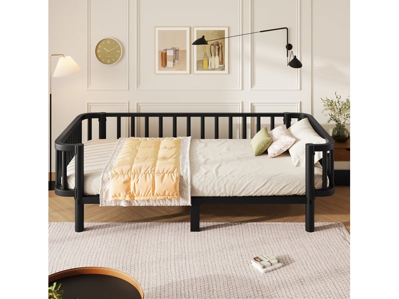 Lit simple 90 × 200 cm banquette en métal, sommier à lattes et cadre à trois côtés, noir, chambre 209 × 98 × 57 cm - Conforama D