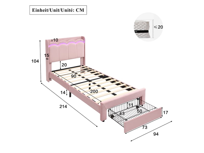 Lit avec rangement enfant 90x200 cm en velours rose avec tiroir et éclairage led - Conforama C