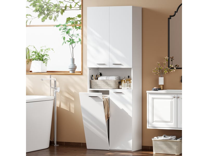 Meuble de salle de bain à deux portes, panier à linge pliable et compartiment ouvert, 60 x 30 x 174 cm, bois, blanc - Conforama C