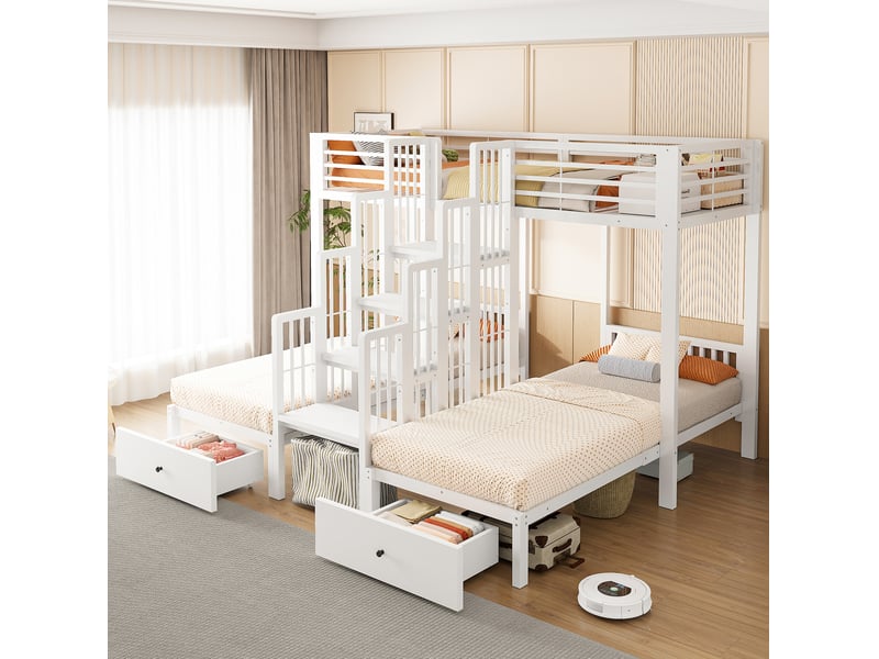 Lit superposé 3 couchages 90x200 cm avec escalier central et 2 tiroirs, blanc - Conforama B