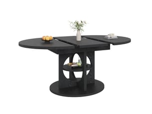 Table à manger extensible, plateau rond à ovale 110-150cm, espace de rangement, panneau aggloméré et cadre métal noir, destination cuisine et salle à manger