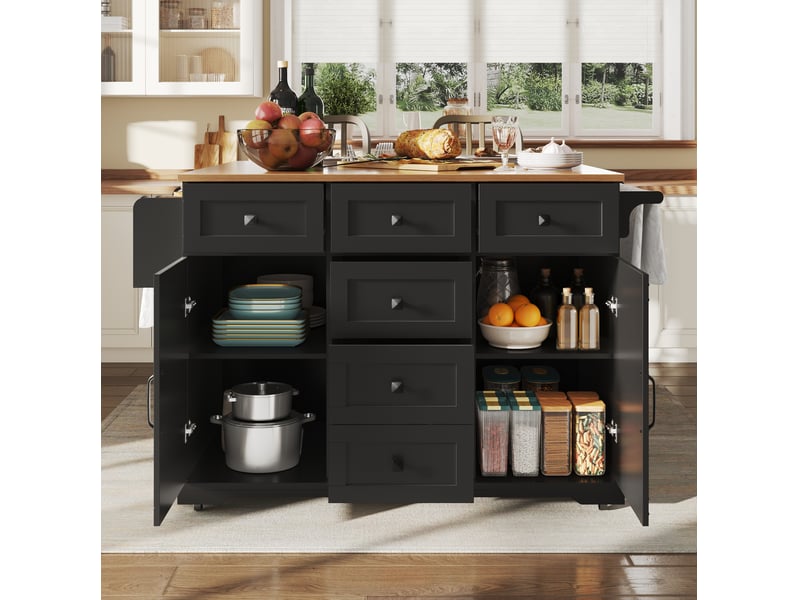 Îlot cuisine pliable, desserte mobile rabattable, 147x44-70x93 cm, charnières métal, mdf et métal, noir - Conforama D