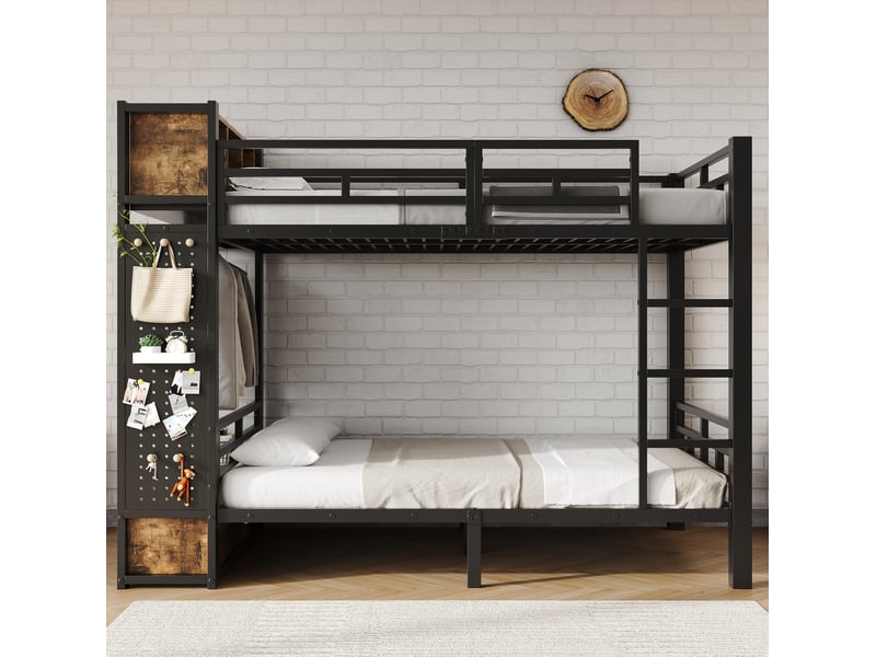  Lit superposé 120x200 cm avec rangements en métal couleur noir et noyer foncé, sans matelas, design industriel  - Conforama E