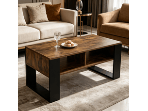 Table basse avec 2 niches de rangement, structure stable, style moderne, pour salon, en bois, noir et marron, 90 × 45 × 45 cm