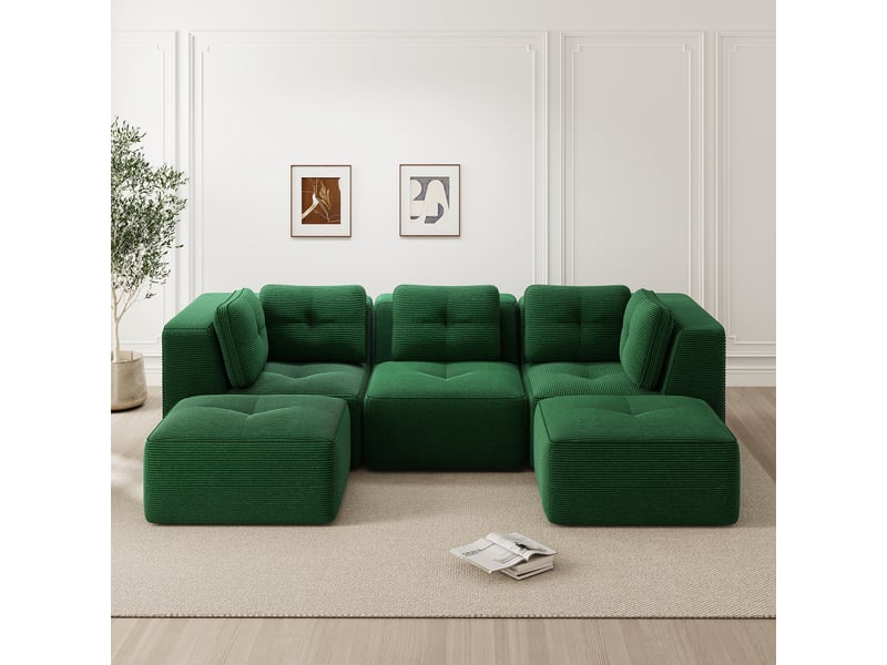 Canapé d'angle modulable en corduroy sans cadre avec assise profonde et dossier souple, vert - Conforama C