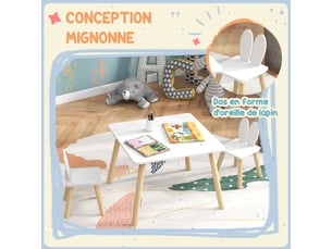 Ensemble table et 2 chaises enfant design scandinave motif oreille de lapin bois blanc pin