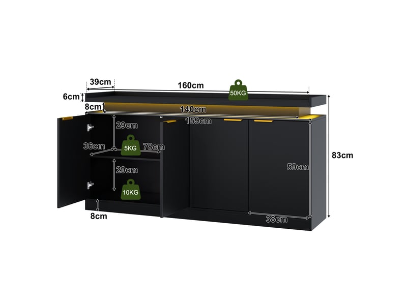 Buffet de cuisine led rgb avec 4 portes et rangements ouverts, en mdf noir, pour cuisine, 160 × 39 × 83 cm  - Conforama E