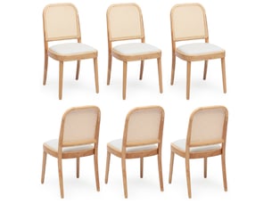 Lot de 4 chaises de salle à manger en bois, dossier en rotin, assise en lin