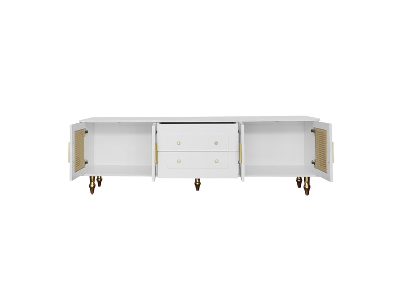  Meuble tv avec 4 portes en rotin pvc et tiroirs push-open pour salon 175×38×55,5 cm blanc  - Conforama A