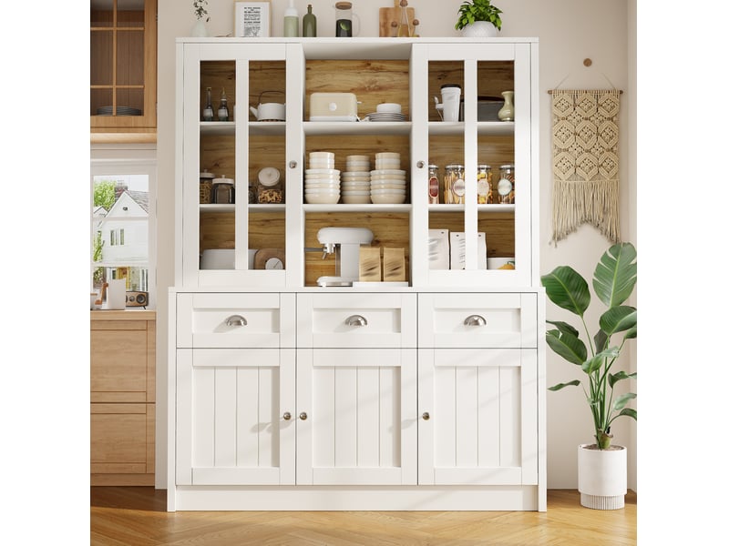  Buffet haut 140x40x175 cm, armoire de cuisine, style moderne, gain de place, portes acryliques, structure mdf, blanc  - Conforama E