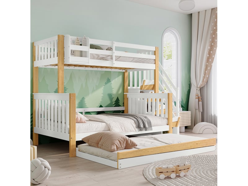 Lit superposé enfant 90x200 et 120x200 cm avec lit gigogne, blanc et naturel  - Conforama D