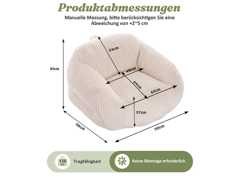  Fauteuil pouf pour adulte avec dossier enveloppant, assise moelleuse et sans montage, en velours côtelé beige  - Conforama E