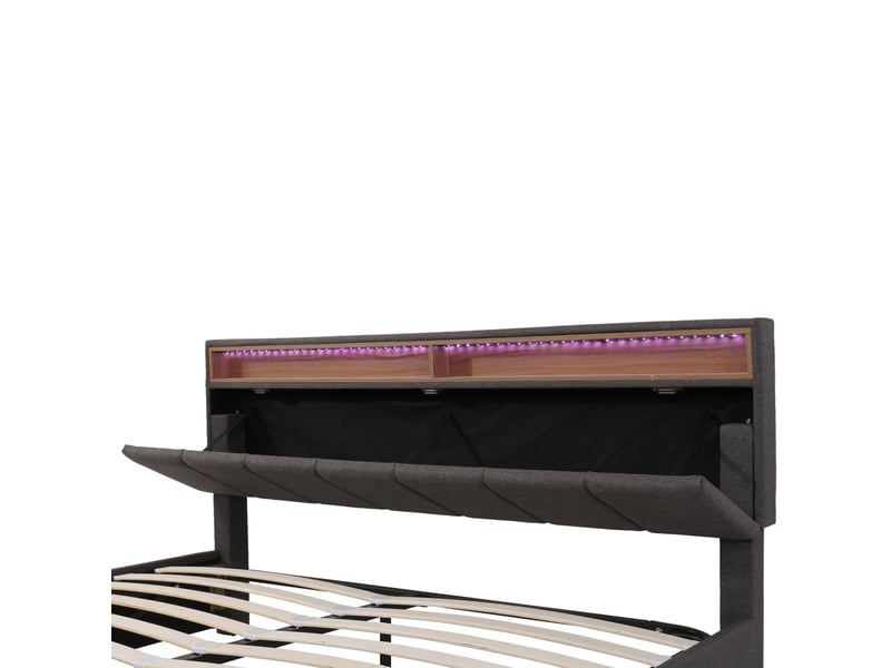  Lit coffre 160x200cm, tête de lit de rangement, 2 tiroirs, éclairage led, design moderne, sans matelas, lin, gris foncé  - Conforama E