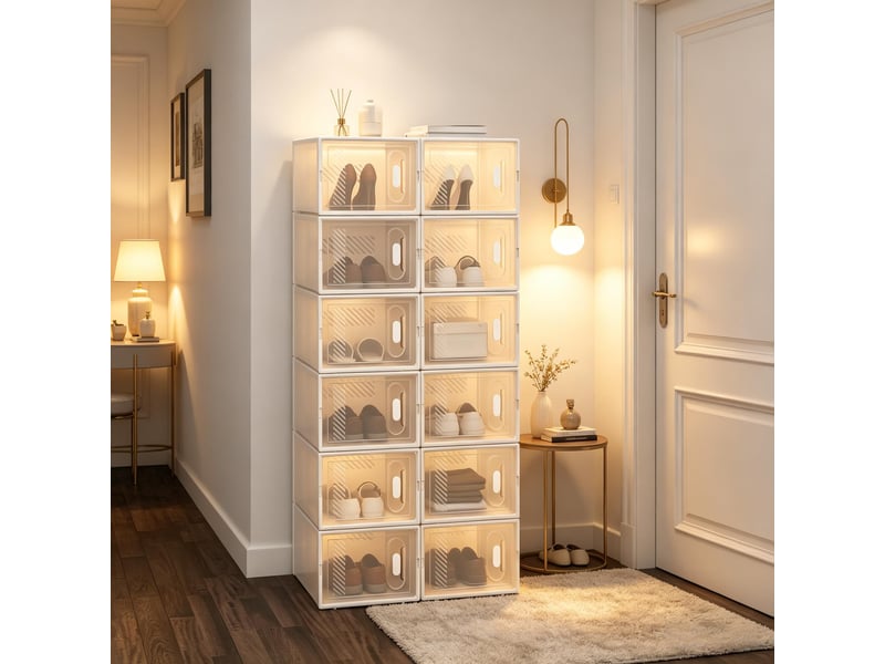  Meuble à chaussures modulaire, avec 12 boîtes empilables transparentes et ouverture frontale, pour chambre, plastique, blanc, 25×18,5×35,5 cm  - Conforama C