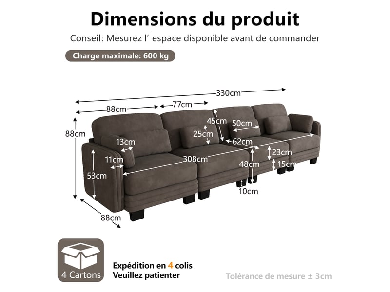  Canapé droit modulable 330 cm 4 places avec coussins d’accoudoir amovibles, coussins lombaires épais à soutien renforcé, chenille, brun café  - Conforama D