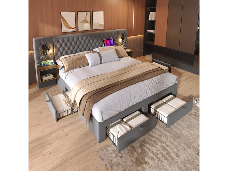  Ensemble chambre à coucher - truxen8 - lit 160x200cm - velours gris - charge usb  - Conforama W