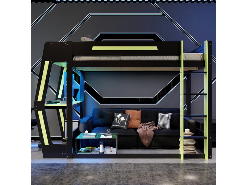  Lit mezzanine 120 × 200 cm 1 place avec bureau, espace pc, étagères et éclairage led, sans matelas, noir et vert  - Conforama B
