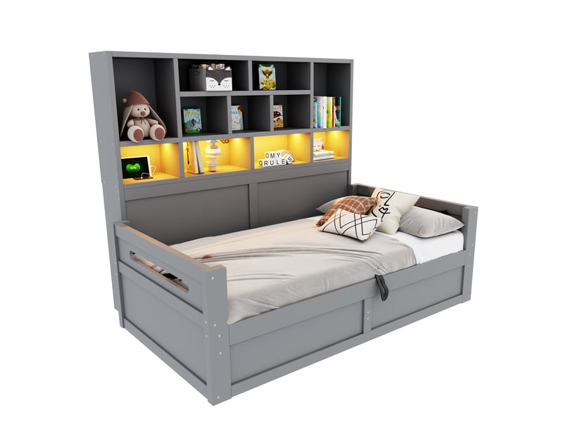  Lit jeune, lit simple, 90x200 cm, couchage individuel, doté d’un espace de rangement, led, prises, mdf, coloris gris  - Conforama E