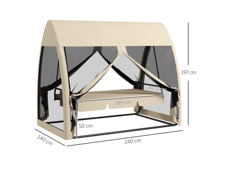  Banc de jardin 240 x 140 x 197 cm fonction 2 en 1 fonction lit 3 places baldaquin filet anti-moustiques charge jusqu'à 300 kg couleur café  - Conforama B