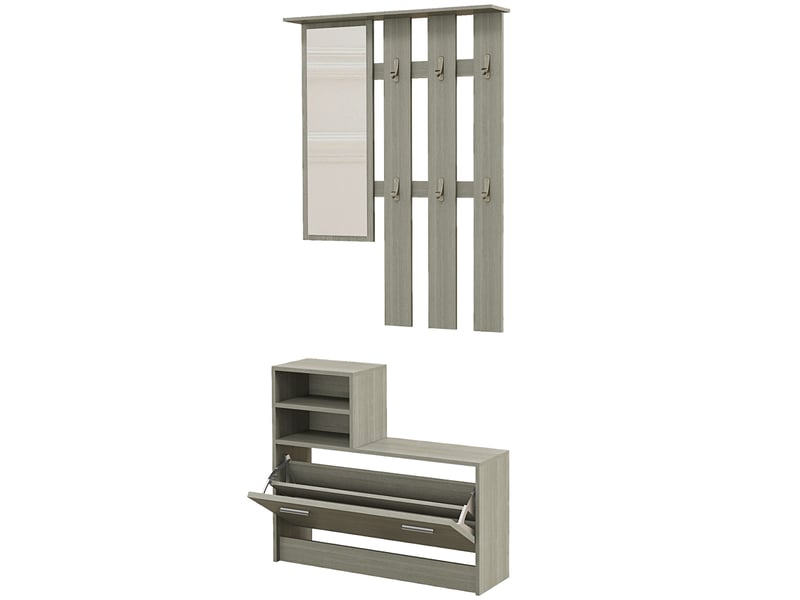  Ensemble de meubles d'entrée comprenant un porte-manteau, un miroir, un banc avec étagère et un meuble à chaussures pour 8 paires de chaussures, gris  - Conforama B