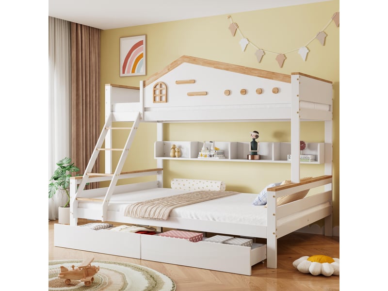  Lit superposé 90x200cm et 140x200cm, lit enfant avec étagère de rangement et 2 tiroirs, en bois de pin massif et mdf, échelle inclinée, blanc  - Conforama B