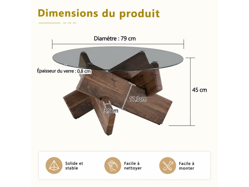  Table basse ronde en verre trempé, table de salon diamètre 79 cm, piètement géométrique effet noyer.  - Conforama C