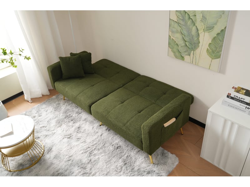  Canapé convertible droit 2 places - avec rangement latéral et coussin rembourré - sherpa vert  - Conforama D