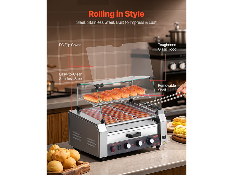  Vevor machine à hot-dogs à 11 rouleaux 30 hot-dogs avec chauffe-petits pains  - Conforama D