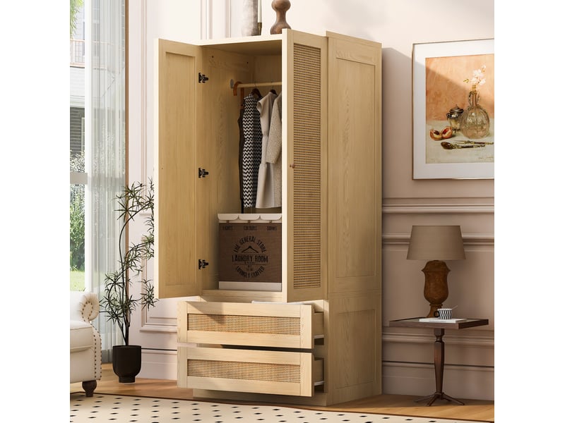  Armoire à 2 portes avec 2 tiroirs et penderie, finition vernie effet rotin, pour chambre, bois clair 70 × 55 × 170 cm  - Conforama E