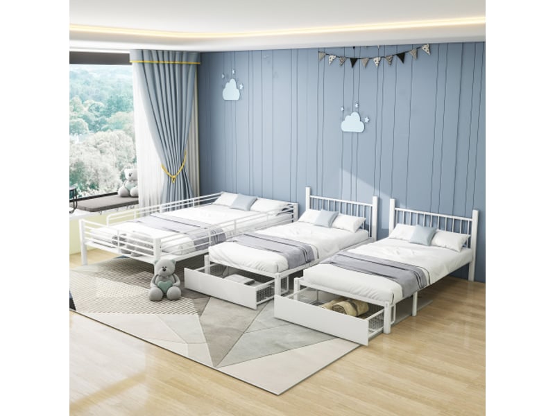 Lit superposé enfant 140x200 cm, lit transformable avec tiroirs et sommier à lattes, en métal, blanc, sans matelas - Conforama C